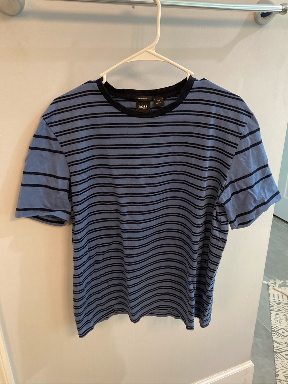 Boss Hugo Boss Mercerised Blue Stripe Shirt Mens L Short Sleeve Designer Tee